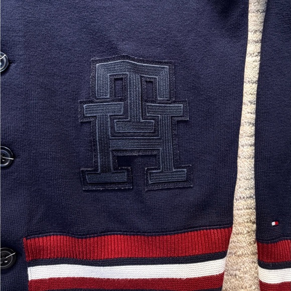 Tommy Hilfiger Men's Monogram Logo Appliqué Knit Navy Blue Varsity Bomber. - Picture 5 of 14
